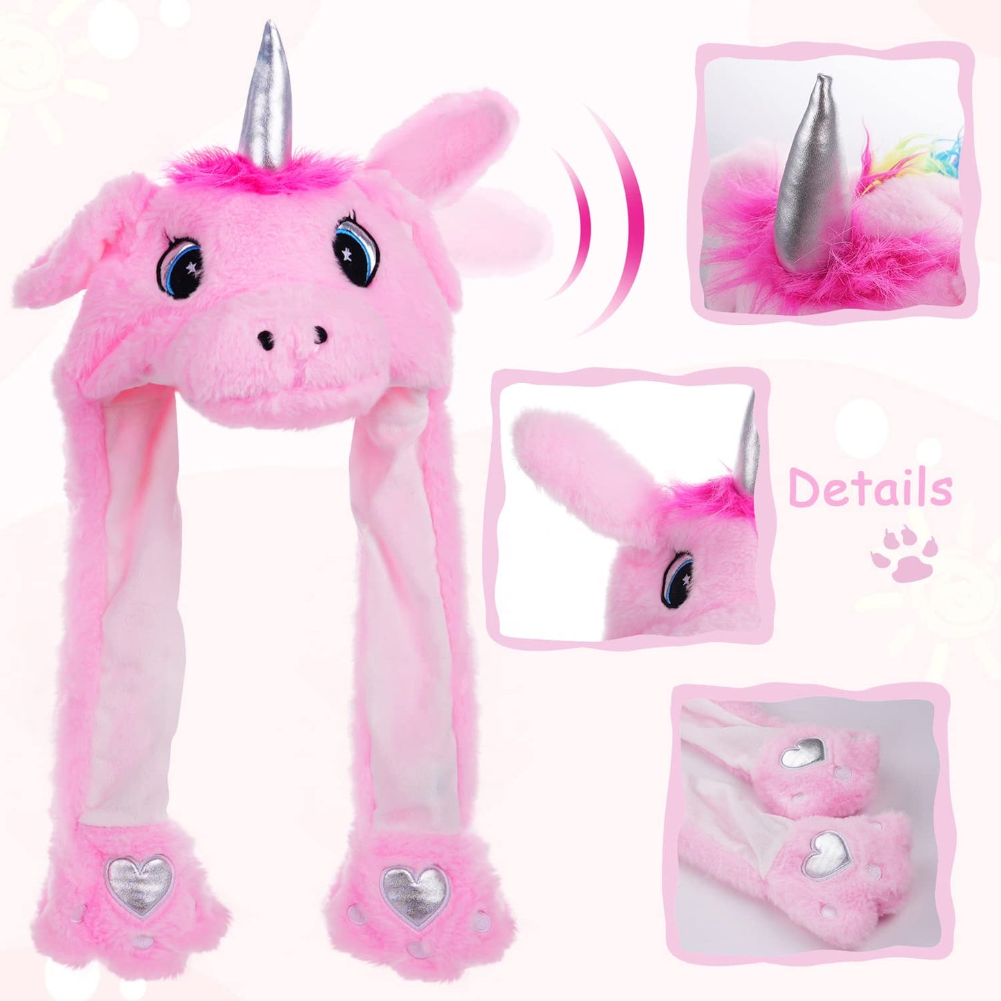 Arcimatto Animal Hat Plush Unicorn Ears Moving Jumping Dress Up Cosplay Party Christmas Holiday Cute Cap For Kids Adults (Pink U