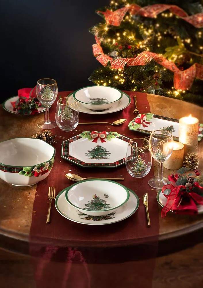 Spode Christmas Tree Tartan Octagonal Bowl - 9in Ceramic with 22 Carat Gold Accents, Red, Model 1698383