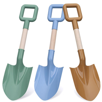 Dilabnda Kids Beach Sand Shovels, 16" Large Plastic and Wooden Spade Set, Brown, 3PCS for Garden and Snow Play
