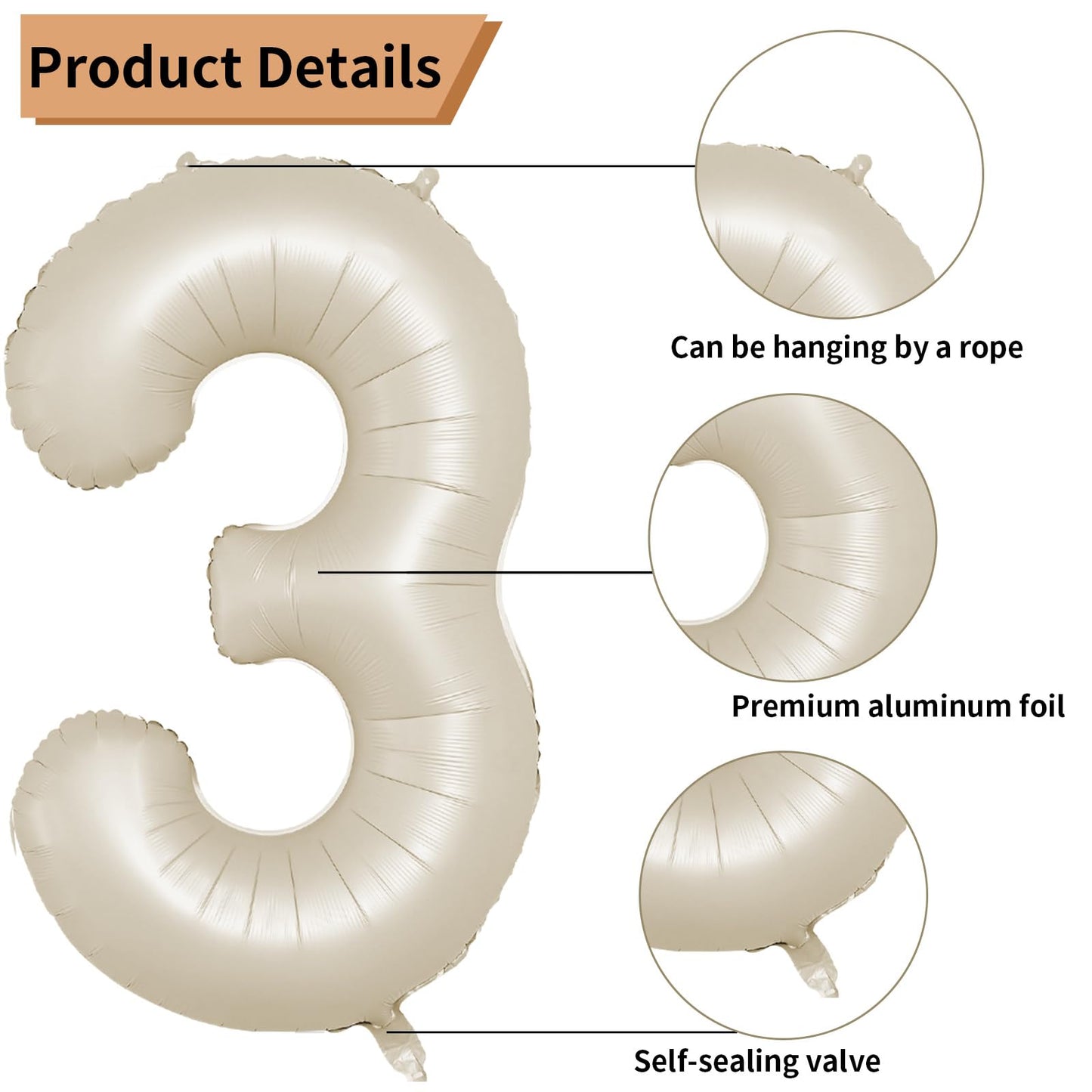 Biapian 40 Inch Cream White Number 3 Balloons, Beige White Large Number 3 Balloons With 18'' Cream Foil Heart Balloons Helium Fo