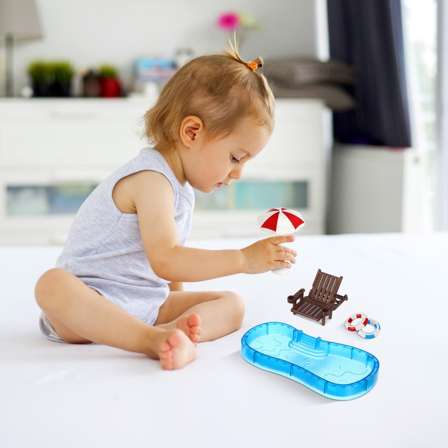 Homoyoyo Miniature Swimming Pool, 5Pc Beach Dollhouse Swimming Pool Umbrella Palm Chair Ring For Diy Plant Pool, Playhouse