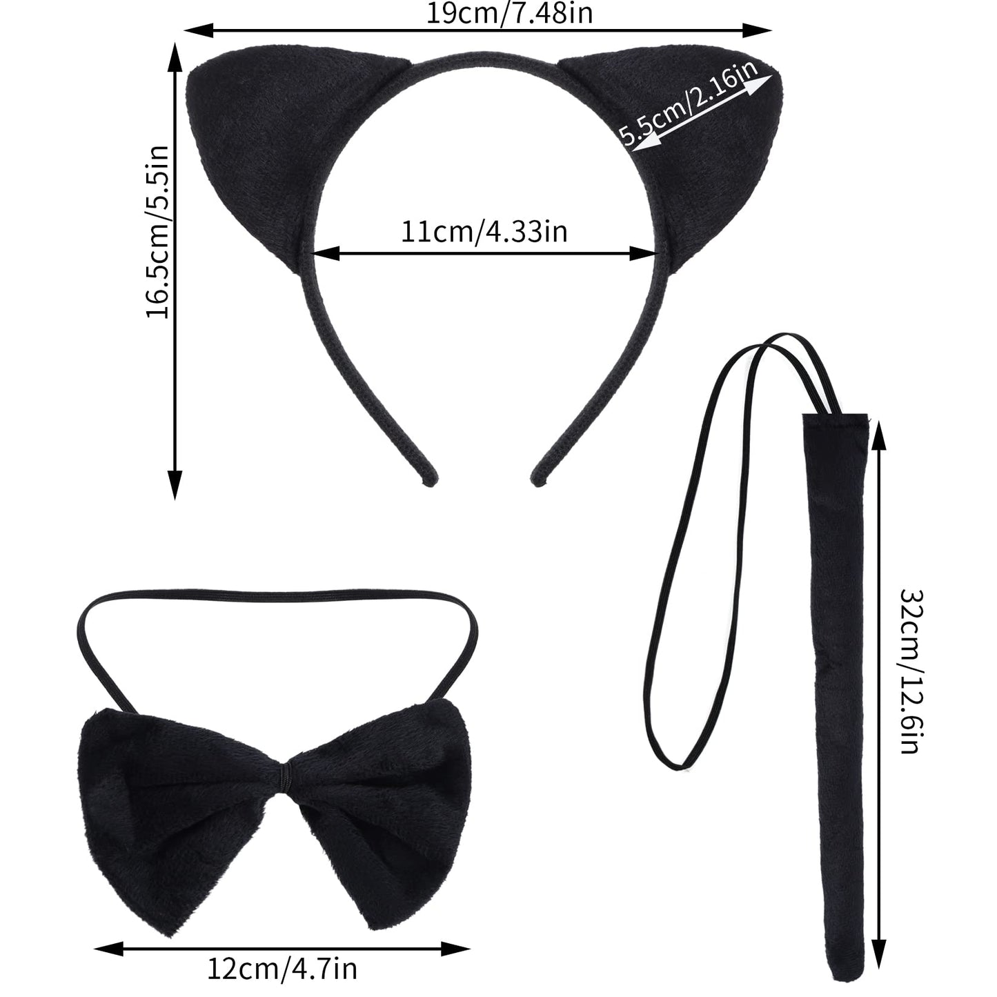 Dxhycc Black Cat Costume Cat Ears Headband Tail Bowtie Tutu And Stickers For Halloween Dress Up Party (Black, 15.7)