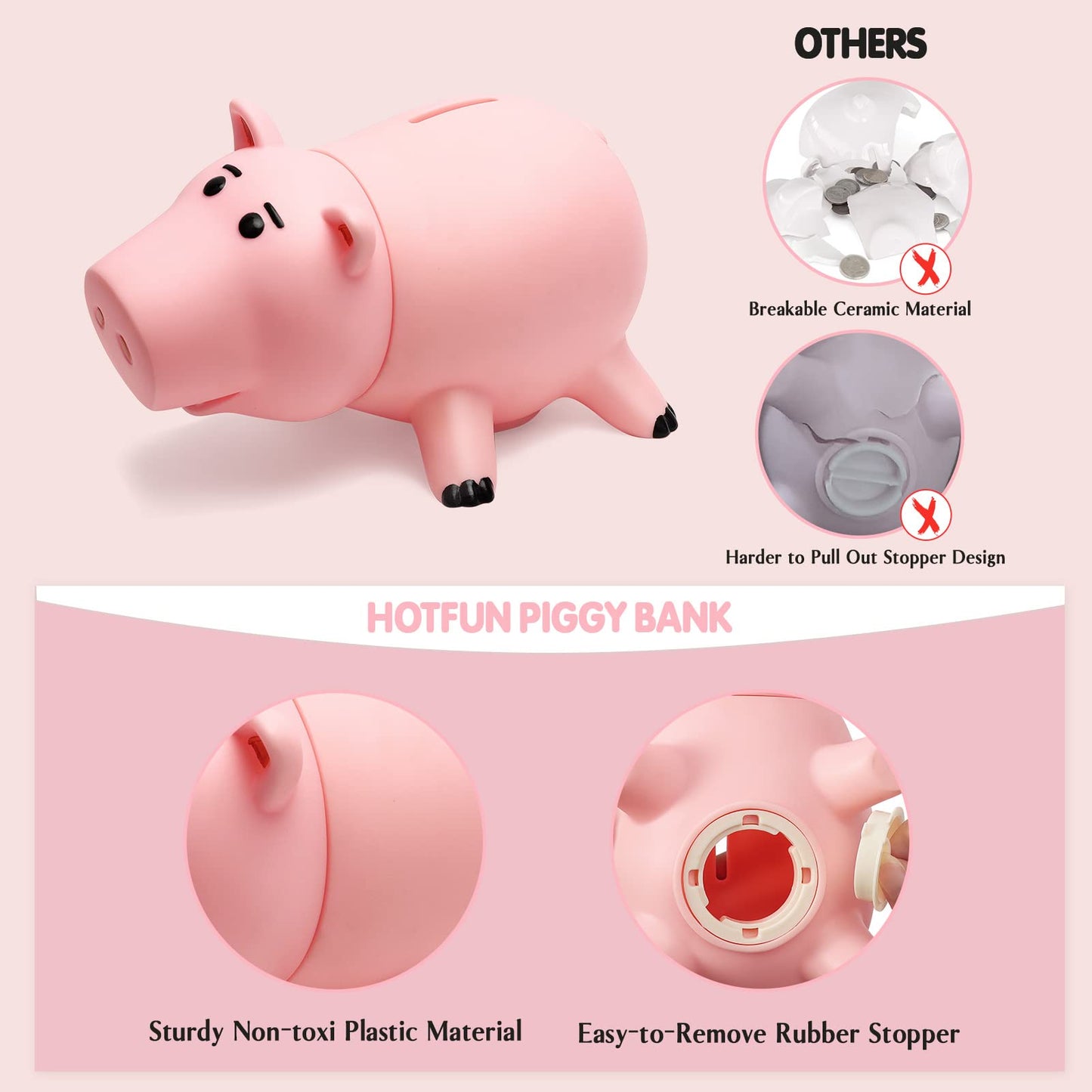Piggy Bank, Cute Plastic Coin Bank For Boys And Girls, Unbreakable Pig Money Bank For Kids Gift (Pink)