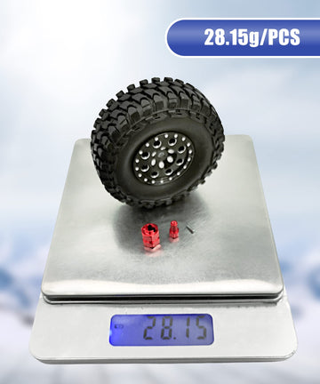 HOPLEX Beadlock Wheels and Tires 4Pcs Metal Micro Crawler Tires with Red 7mm RC Wheel Hex Hub Spacer for Axial SCX24 90081 1/24