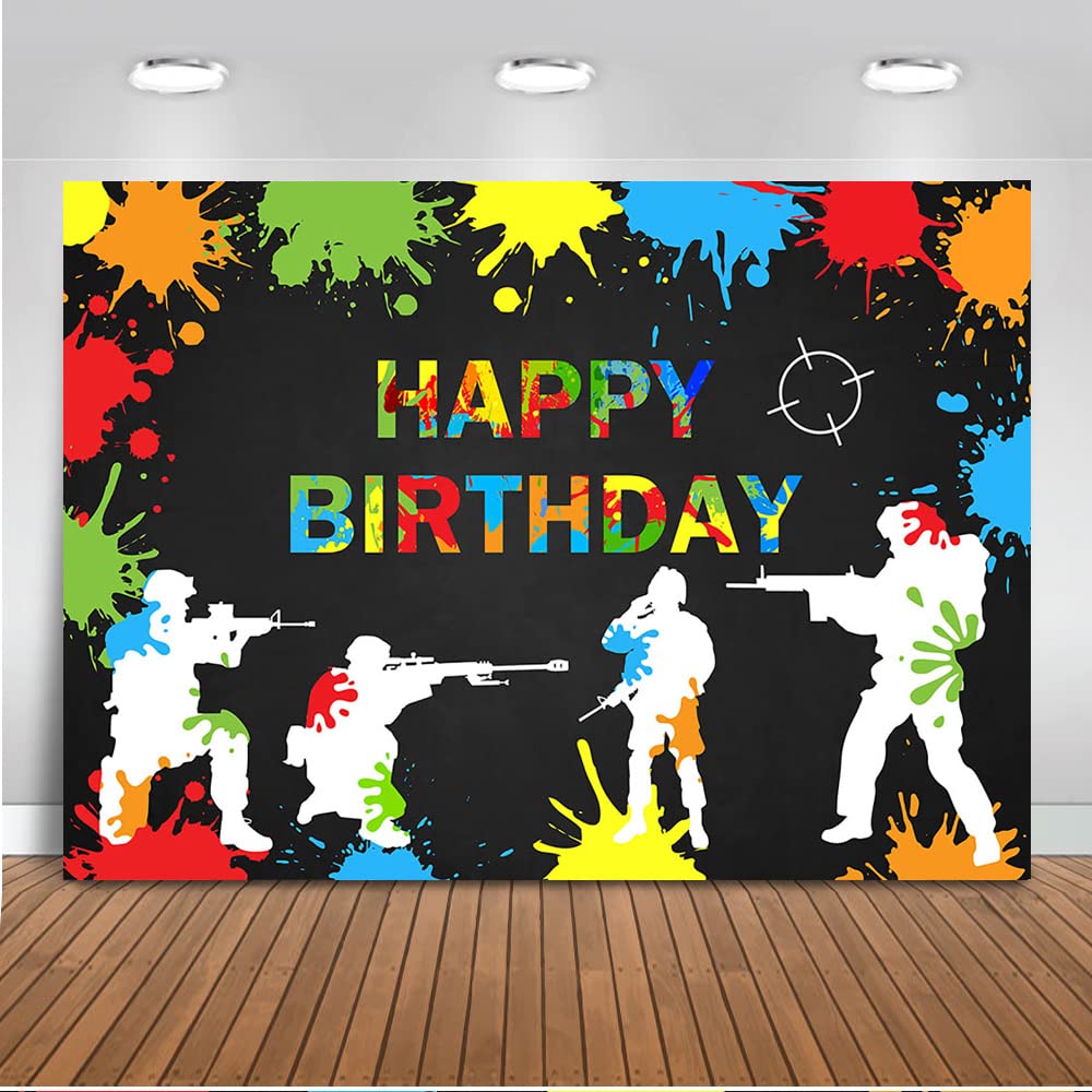 Mocsicka Paintball Backdrop Happy Birthday Party Paintball Theme Decoration Background Colorful Splash Shooting Game Happy Birth