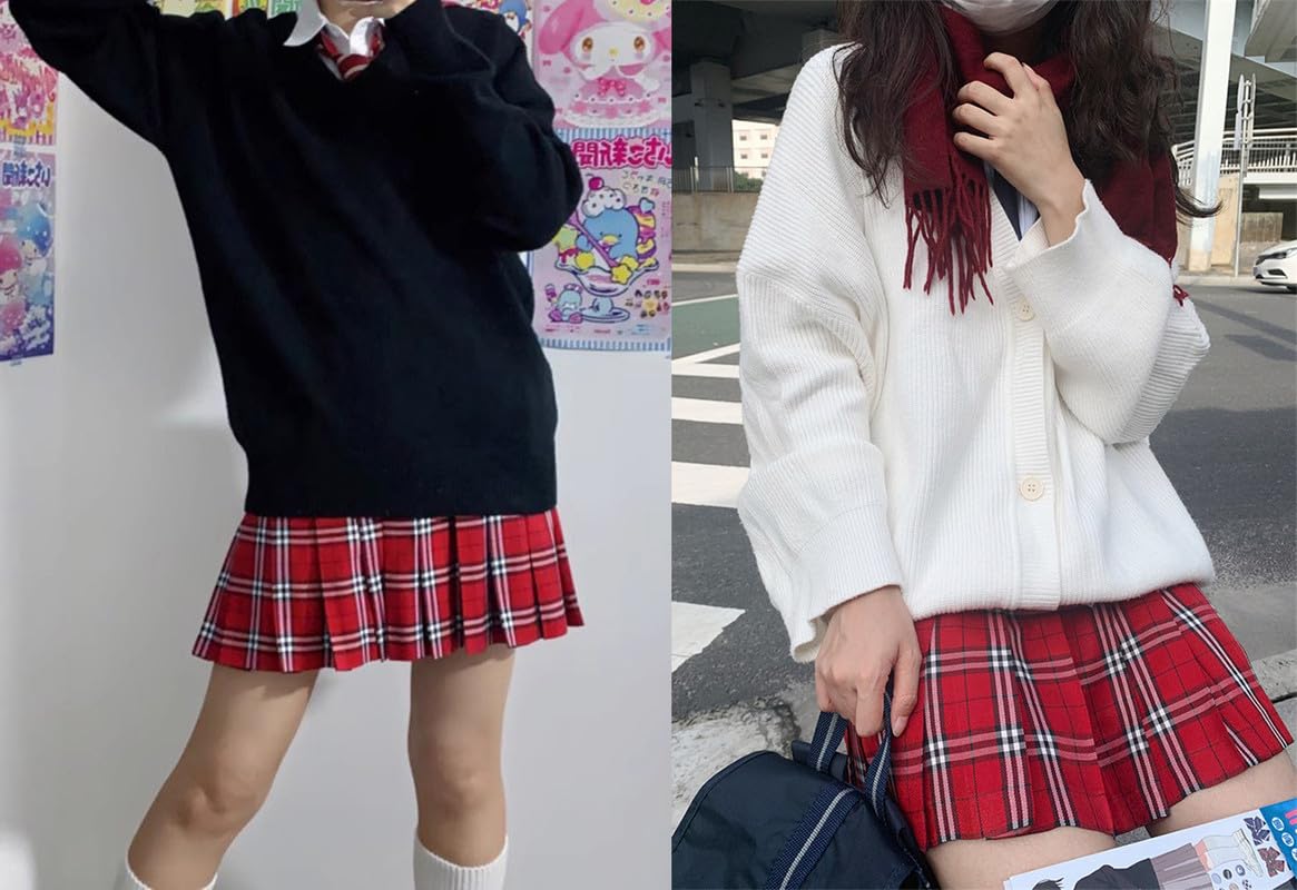 Beautifulfashionlife Women'S Japan School Plain Solid Pleated Costumes Skirts (M,Red White)