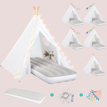 Wilwolfer 6 Pack Kids Teepee Tent Bulk With Light And Inflatable Airbed, Natural Cotton Toddler Play Tent For Girls Boys Indoor