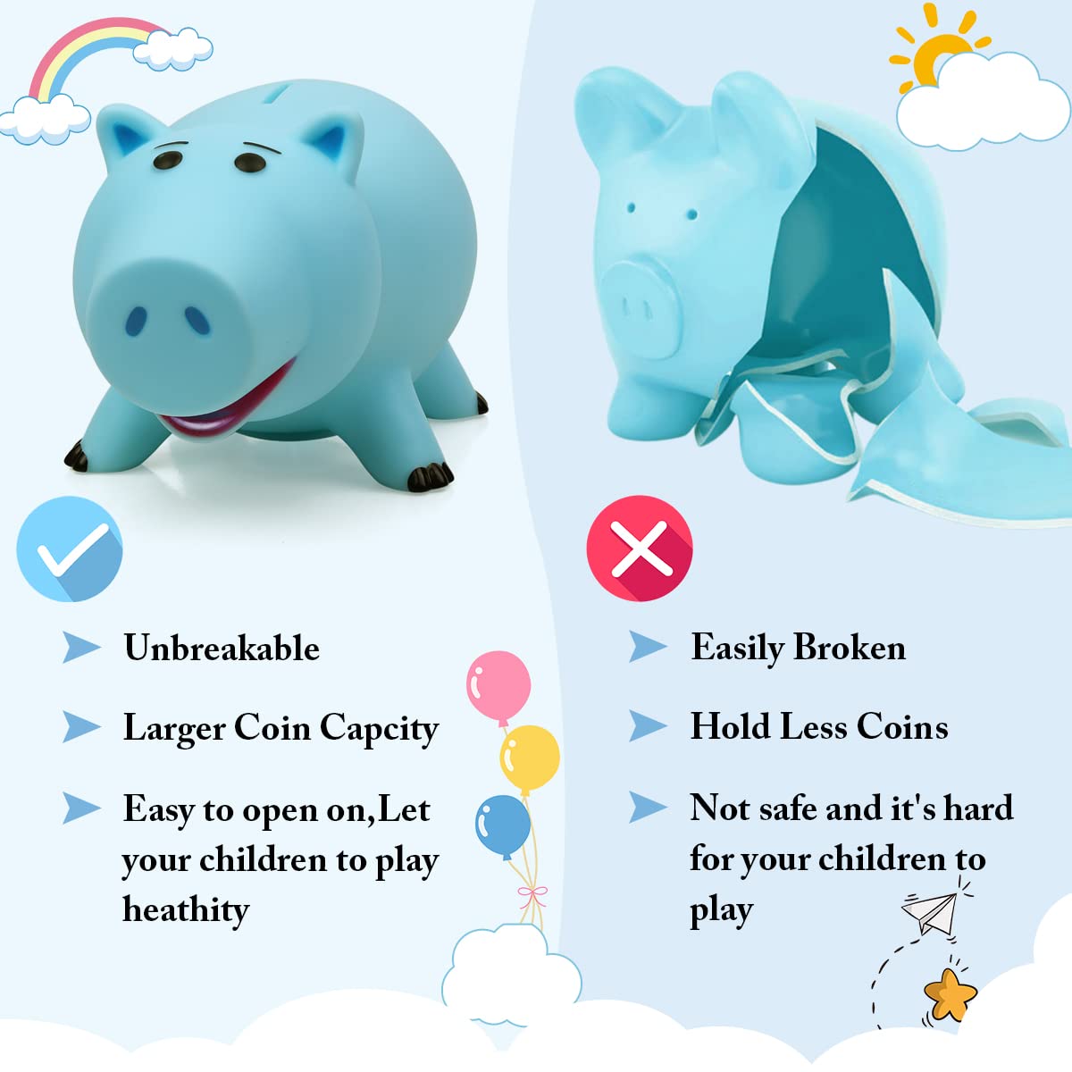 PHOCAS Hamm Piggy Bank Cute Blue Pig Money Box Plastic Saving Coin Box Money Bank for Kids Christmas Birthday Gift with Gift