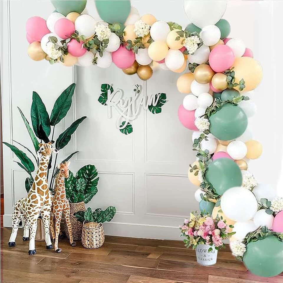 Pink And Green Balloons, 60Pcs Sage Green Pink Party Balloons, 12Inch Olive Green Pastel Pink Balloons Metallic Gold Confetti Ba