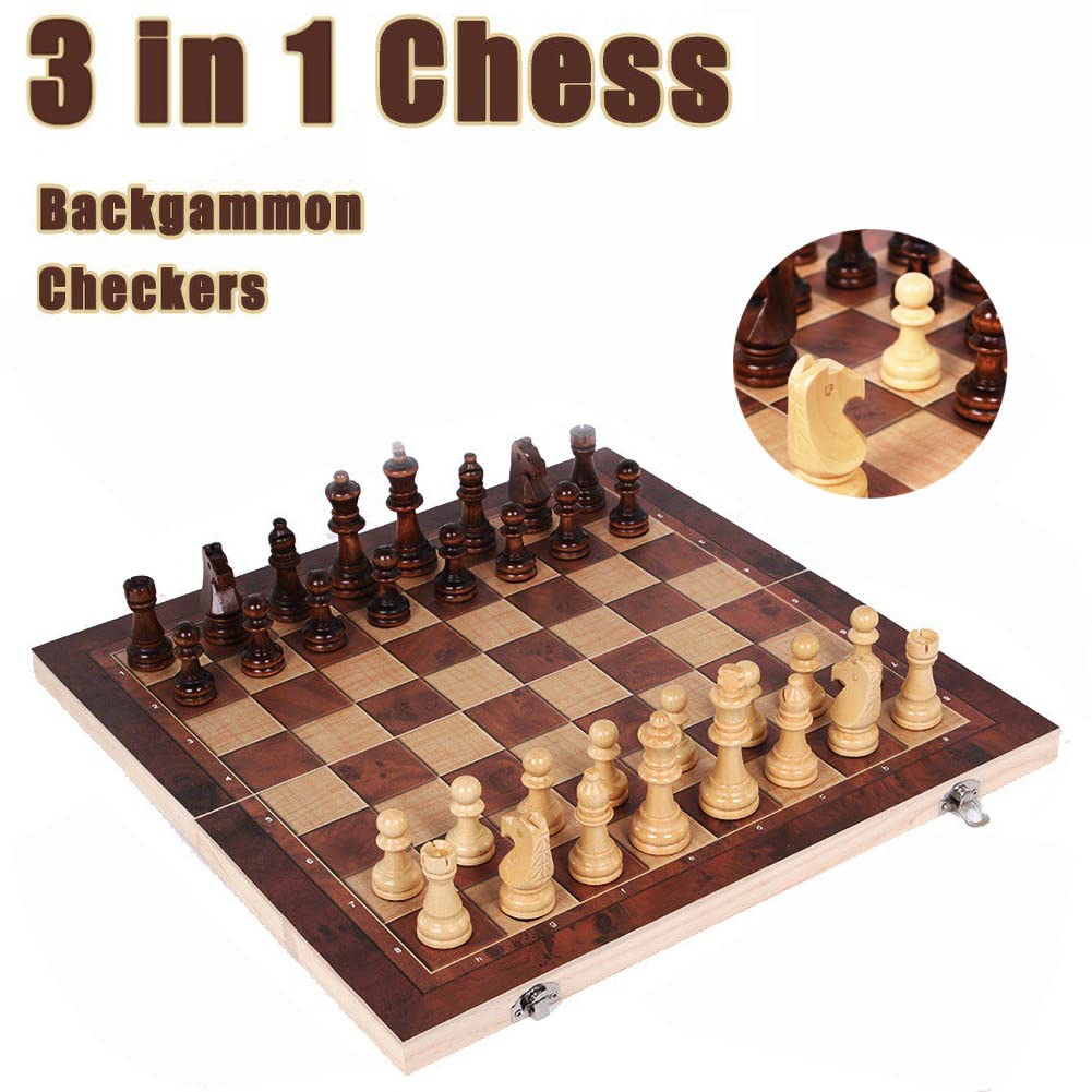 Chess Set,Folding Storage Wooden Chess Board Sets,17' Wooden Chess,3 In 1 Chess Board Game For Adults And Kids (Chess,Backgammon,Checkers)