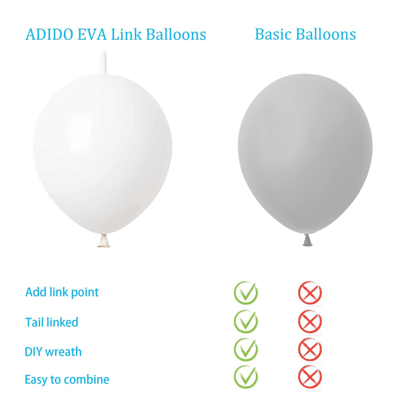 Adido Eva Link Balloons White 10 Inch Latex Quick Linkale Balloon 80 Pcs For Birthday, Halloween, Christmas, Party Festival Deco