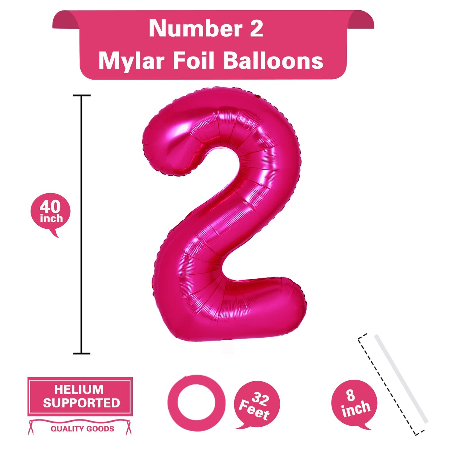 40 Inch Giant Hot Pink Number 2 Balloon, Helium Mylar Foil Number Balloons For Birthday Party, 2Nd Birthday Decorations For Kids