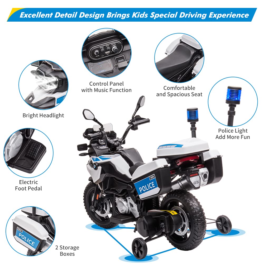 12V 7Ah Kids Motorcycle, Ride On Police Motorcycle, Licensed Bmw Kids Car With High/Low Speed, 2 Storage Boxes,Warning Lights An