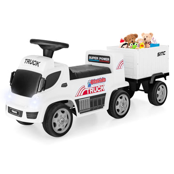 Olakids Kids Ride On Push Car, 2 In 1 Foot-To-Floor Sliding Truck With Detachable Trailer, Steering Wheel, Headlights, Music, Alarm Sound, Toy Walker Gift For Toddlers Age 1.5-3 Boys Girls (White)