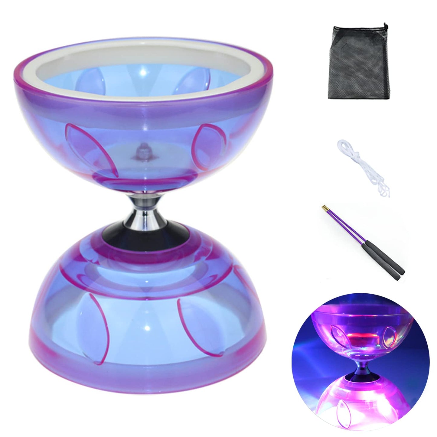 Diabolo Chinese Yoyo Set ,Triple Bearing Diabolo Chinese Yo-Yos Juggling Toys With Colorful Led Diabolo With Diablo Sticks, Diabolo String&Net Bag, Easier Start/ Faster/ Stable&Lasts Longer (Purple)