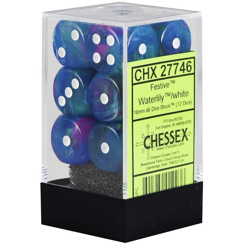 Chessex Manufacturing Chx27746 16 Mm D6 Cube Festive Dice - Waterlily & White, 12 Piece