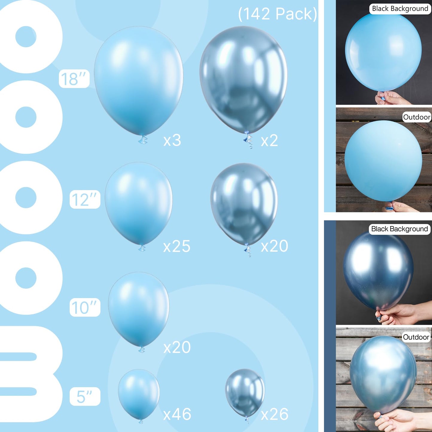 Partywoo Light Blue Balloons, 142 Pcs Light Blue And Metallic Blue Balloons Different Sizes Pack Of 18 Inch 12 Inch 10 Inch 5 Inch For Balloon Garland Arch As Birthday Decorations, Party Decorations