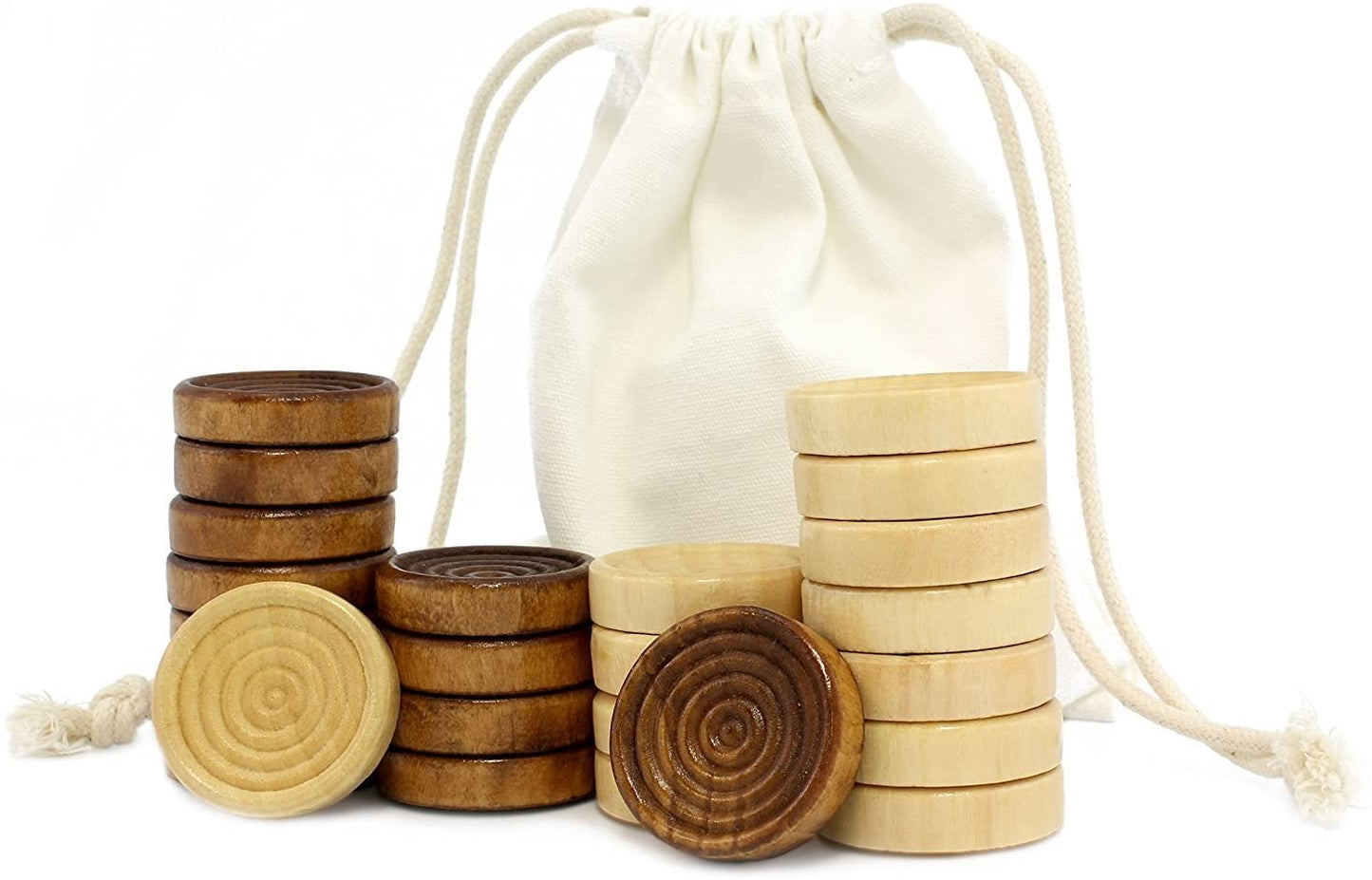 Attatoy Classic Stackable Wooden Checkers In Natural Wood Color (24 Pieces); With Drawstring Cloth Storage Bag, 1 1/8 Inch