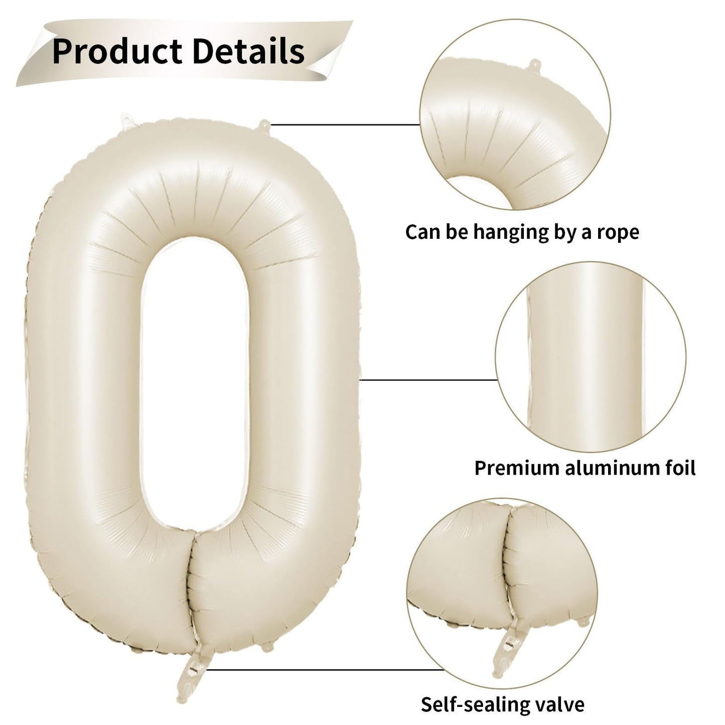 40 Inch Cream Number 0 Balloon, Beige Large 0-9 Birthday Balloons, Digital 0 Cream White Giant 0 Foil Balloon For Numbers 0/10/2