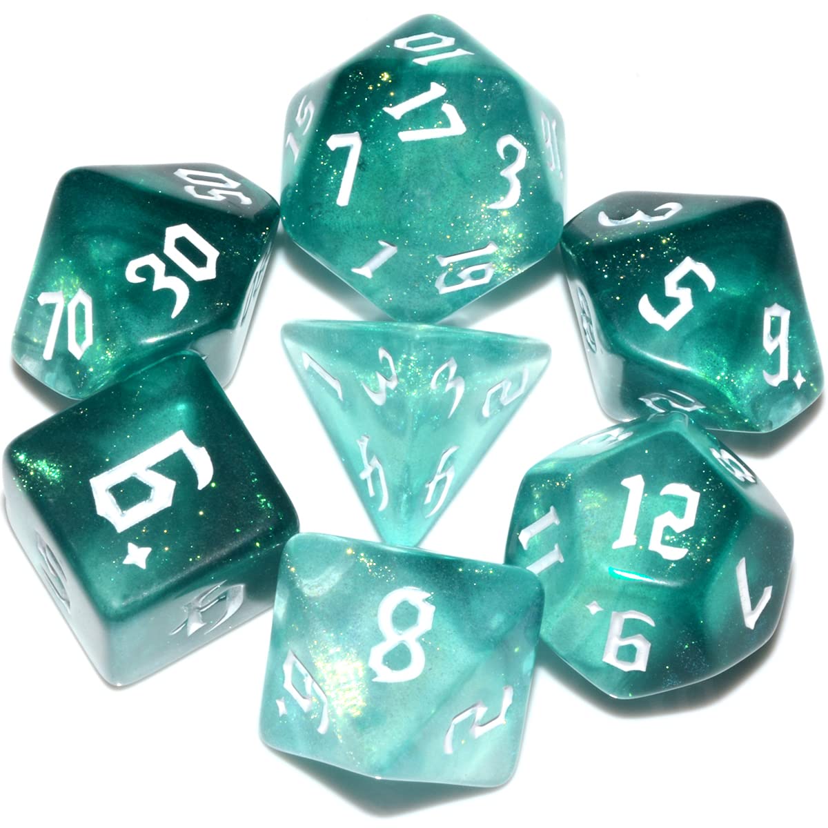 Dnd Dice 7Pieces, Glitter Sparkle Cosmic Green White Mixed Polyhedral Dnd Dice For Rpg Mtg Table Game Dice