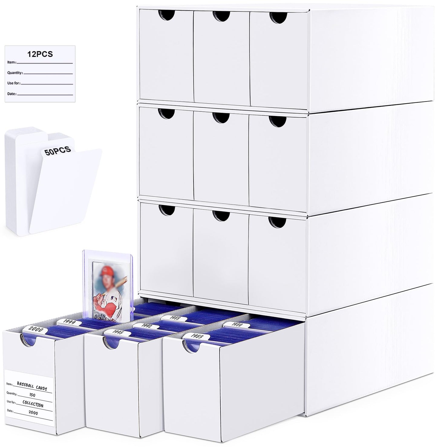 Leyzan Card Storage Box For Toploader, 12  600 Count Cardboard Trading Card Organizer Box With Dividers For Sports Tcg Mtg, Whit
