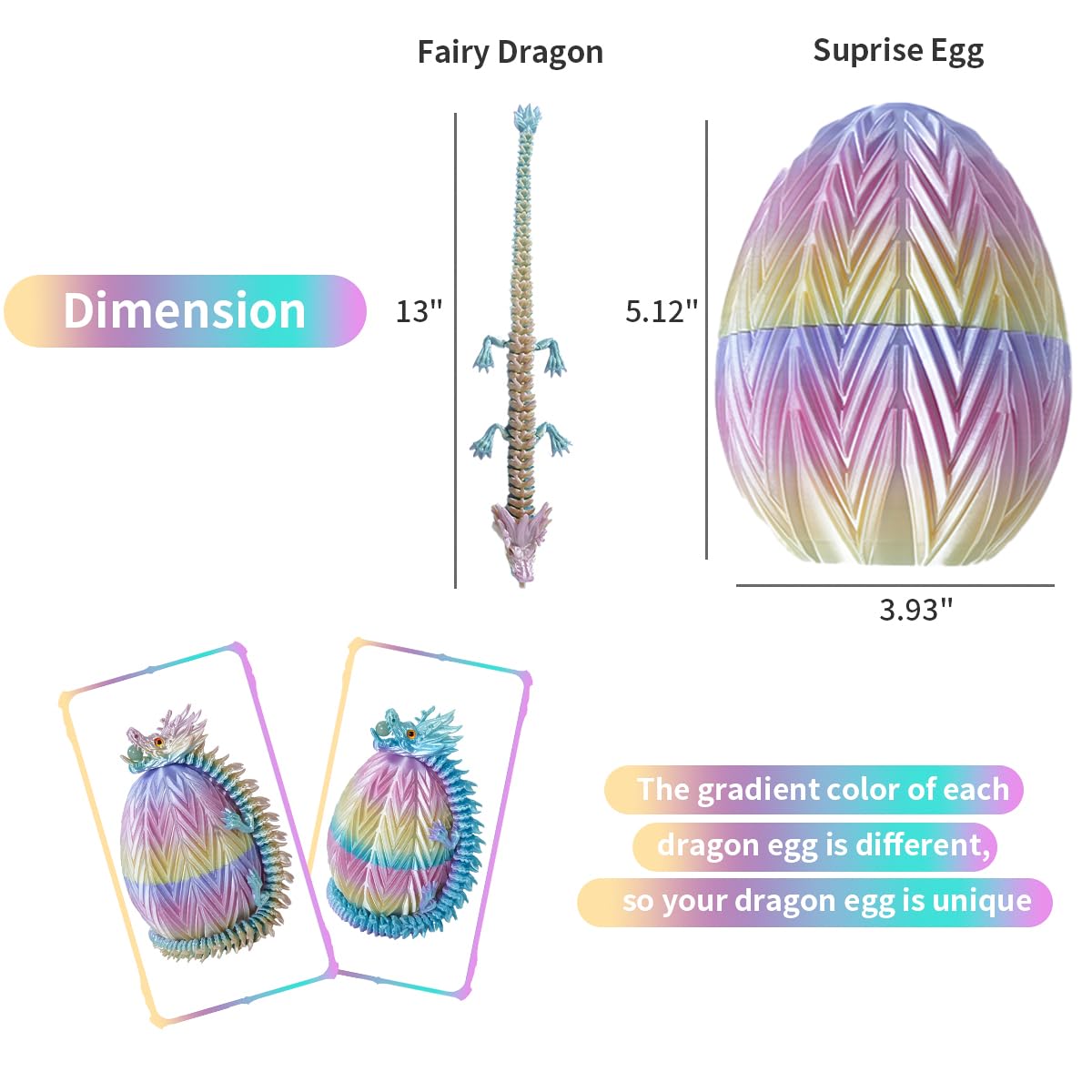 Cucue 3D Printed Dragon Egg - 3D Fidget Dragon Toy With Surprise Energy Stone Inside - Articulated Dragon - Flexible Joint Parts - Unique Figurines, Desk Decorations, Stocking Stuffers, Gifts For Kids