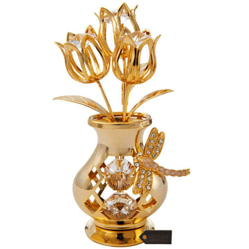 Matashi Valentine'S Day Gift For Her - Flower Bouquet Vase With Dragonfly, Clear Crystal Studded 24K Gold Plated Tabletop Ornament For Women, Mom, Daughter, Friends & Family