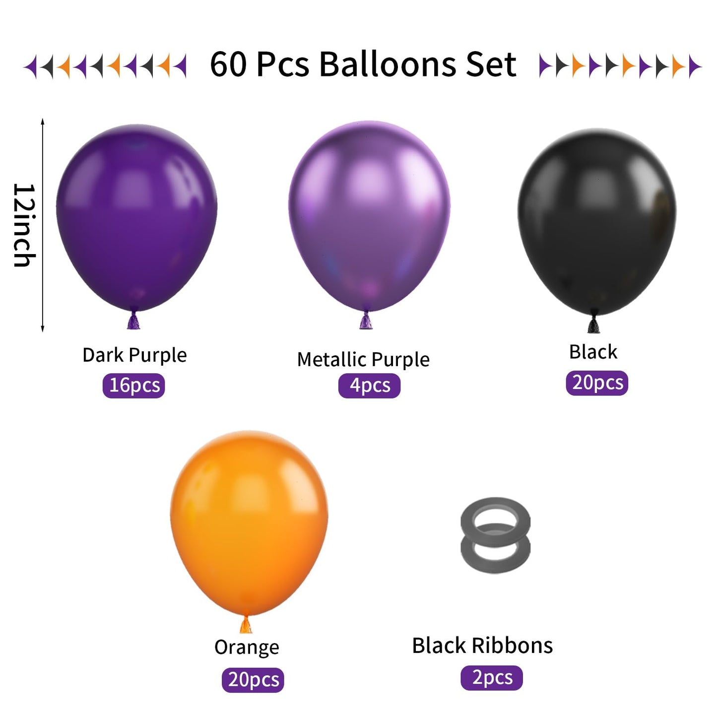 FunHot Halloween Party Balloons - 60 Pcs 12" Purple Black Orange Metallic Latex - Helium-Ready Decorations for Kids Birthday