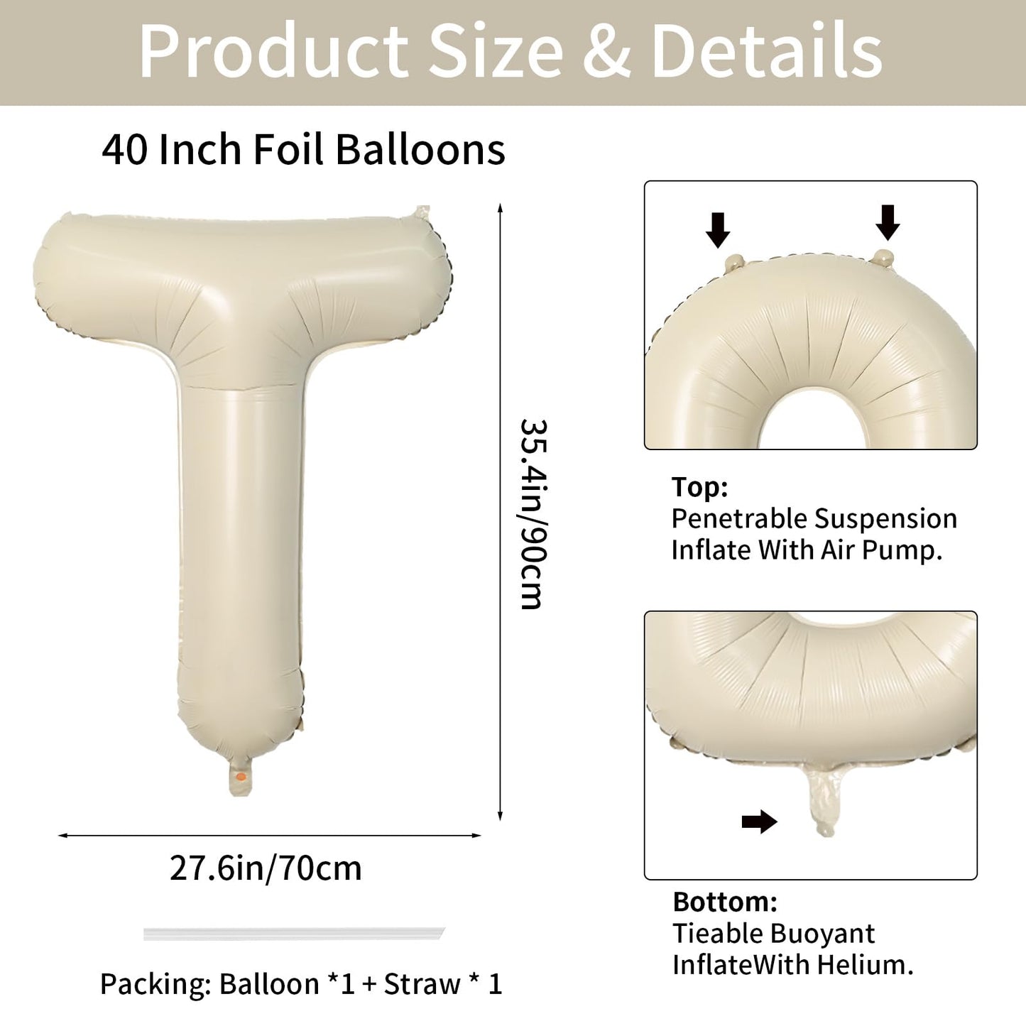 Biapian 40 Inch Letter T Balloons, Giant Cream T Foil Balloon, Big Single Alphabet A-Z Balloons, Beige Large Aluminum T Balloons