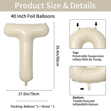Biapian 40 Inch Letter T Balloons, Giant Cream T Foil Balloon, Big Single Alphabet A-Z Balloons, Beige Large Aluminum T Balloons