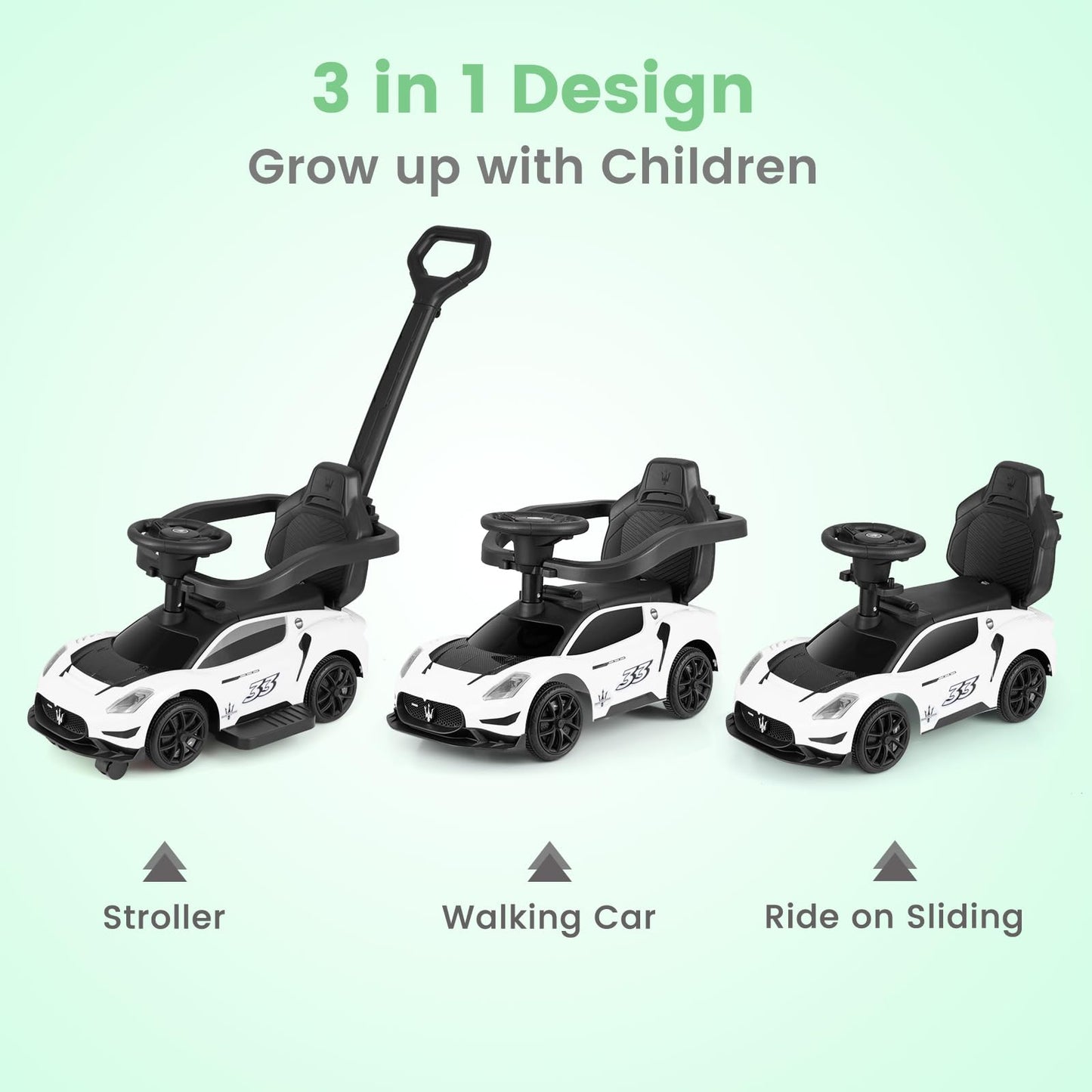 OLAKIDS 3 in 1 Ride on Push Car, Licensed Maserati Baby Sliding with Removable Parent Control Handle, Universal Wheels, Safe Gua