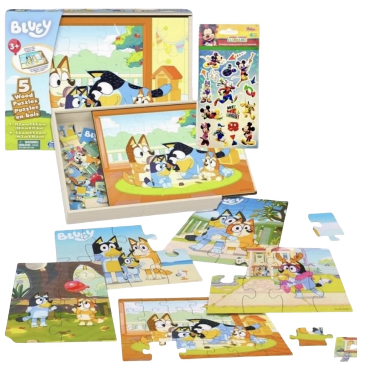 Spin Master Bluey 5 Wood Puzzles with Storage Box & Stickers Bundle - Ages 3+, Cardboard, Blue/Red/Green, Model 6066406