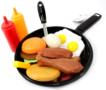 25 Pcs Play Food Kids Toy Set For Toddlers, Kitchen Cooking Toy Fast Food Pretend Play Toy Grill Set With Pan, Spatula & Sauce B