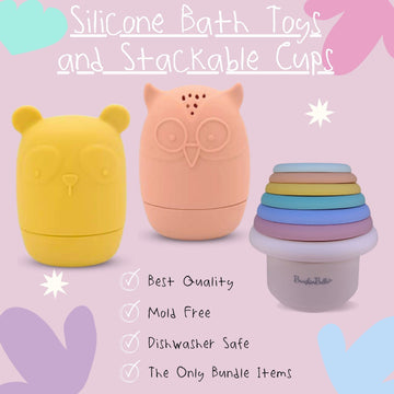 Brushinbella Silicone Bath Toys 4-Pack - Cleanable Silicone Toys With Montessori Stackable Cups - Baby Bath Toys - Dishwasher-Safe Bath Toys - Toddler Tub Toys - Baby Bath Essentials