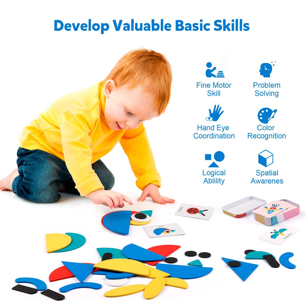 Coogam Wooden Pattern Blocks - Tangram Shape Puzzle Set, 60 Cards, Multicolor, Basswood, STEM Gift for Kids 3-5 Years Old