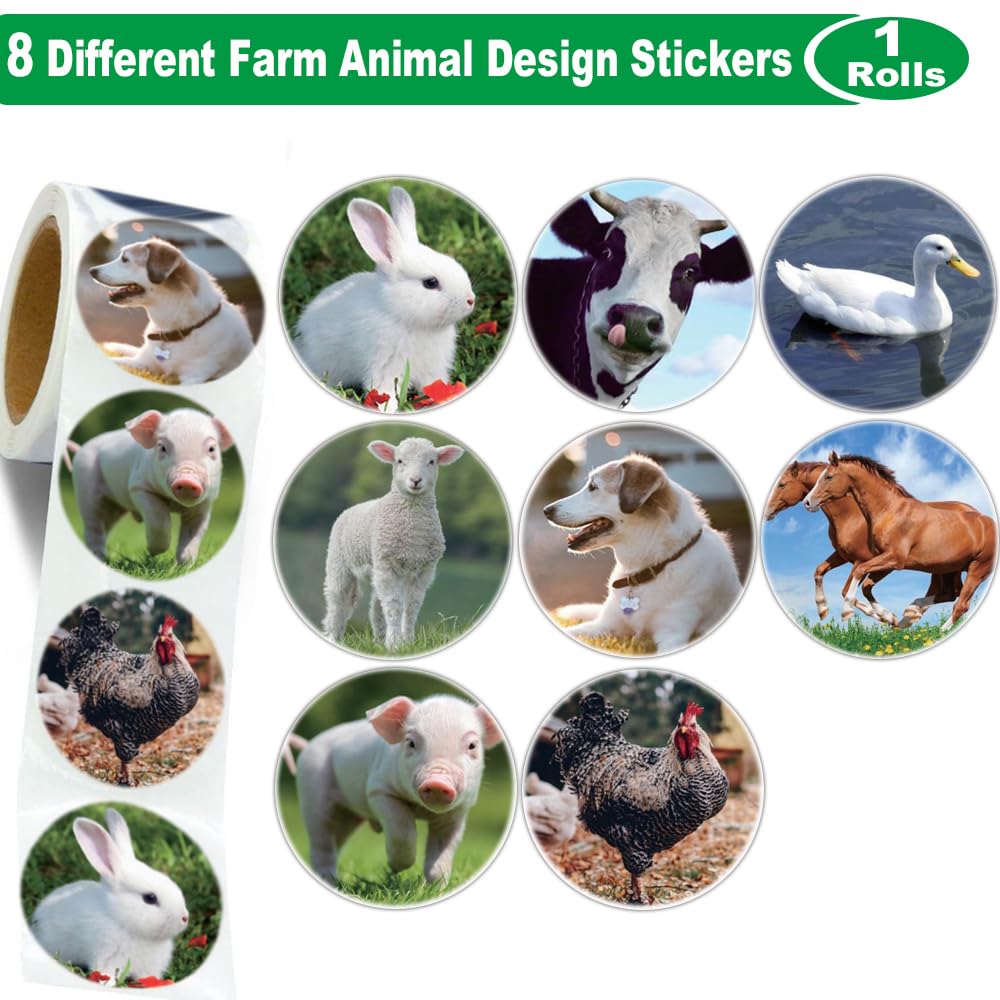 Hohamn Farm Animal Stickers Roll for Kids 600Pcs Round Farm Animals Label Stickers for Boys Girls Birthday Party Favors Gifts De