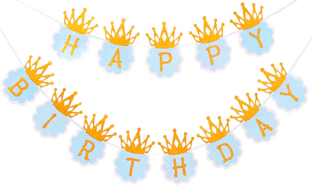 Flairs New York Happy Birthday Decorations Banner Party Props With Gold Crown Letters (Pack Of 1 Banner, Baby Blue/Gold Glitter