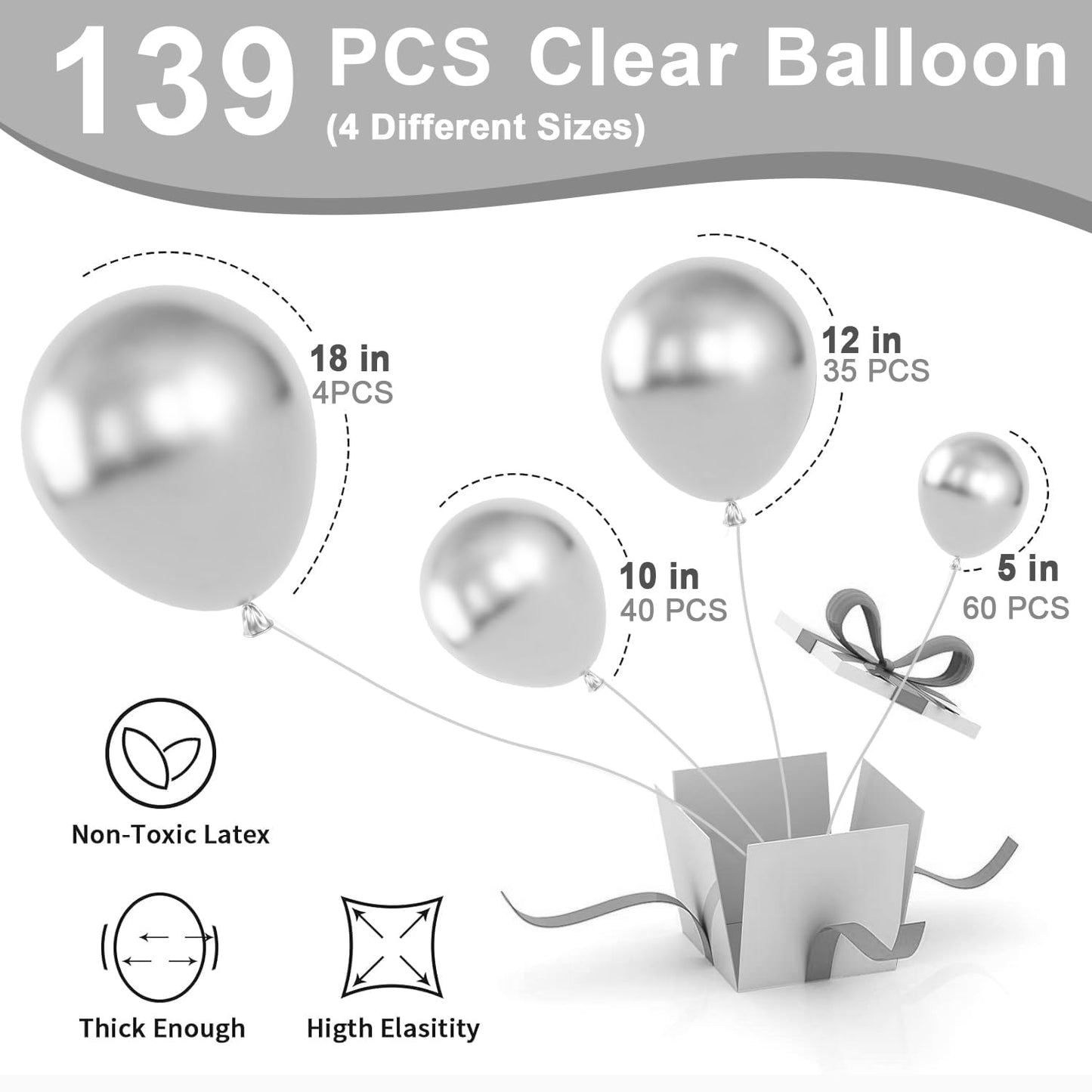 Labeol Silver Balloons Different Sizes 139Pcs 18/12/10/5 Inch Silver Balloon Garland Arch Kit Quality Silver Latex Balloons Decorations For Party Birthday Graduation Wedding