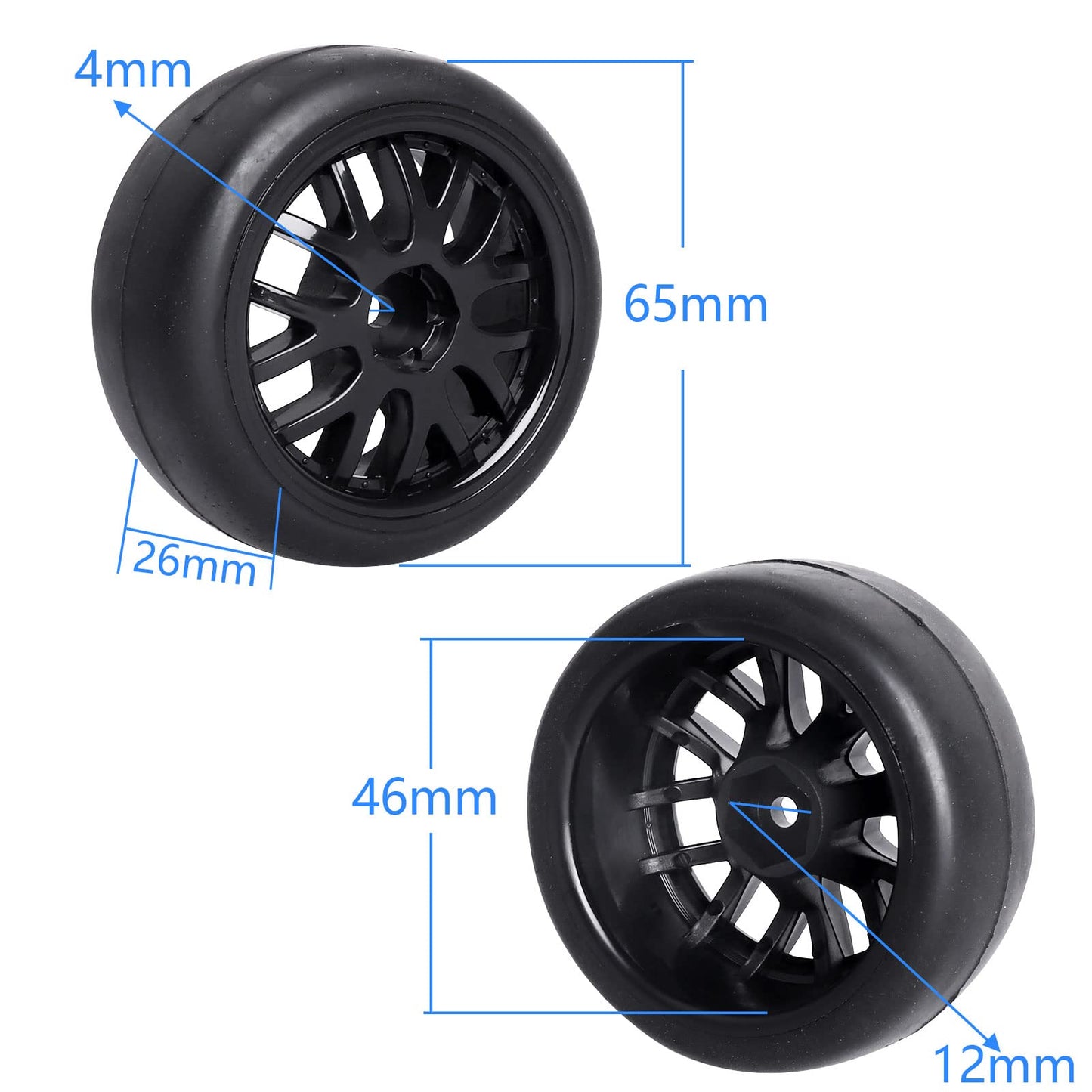 CrazyHobby Pre-Glued OD 2.56'' 12mm Hex Wheels Rims & Rubber Tires 26mm for 1/10 Scale On Road Racing Car Drift RC Touring Car,