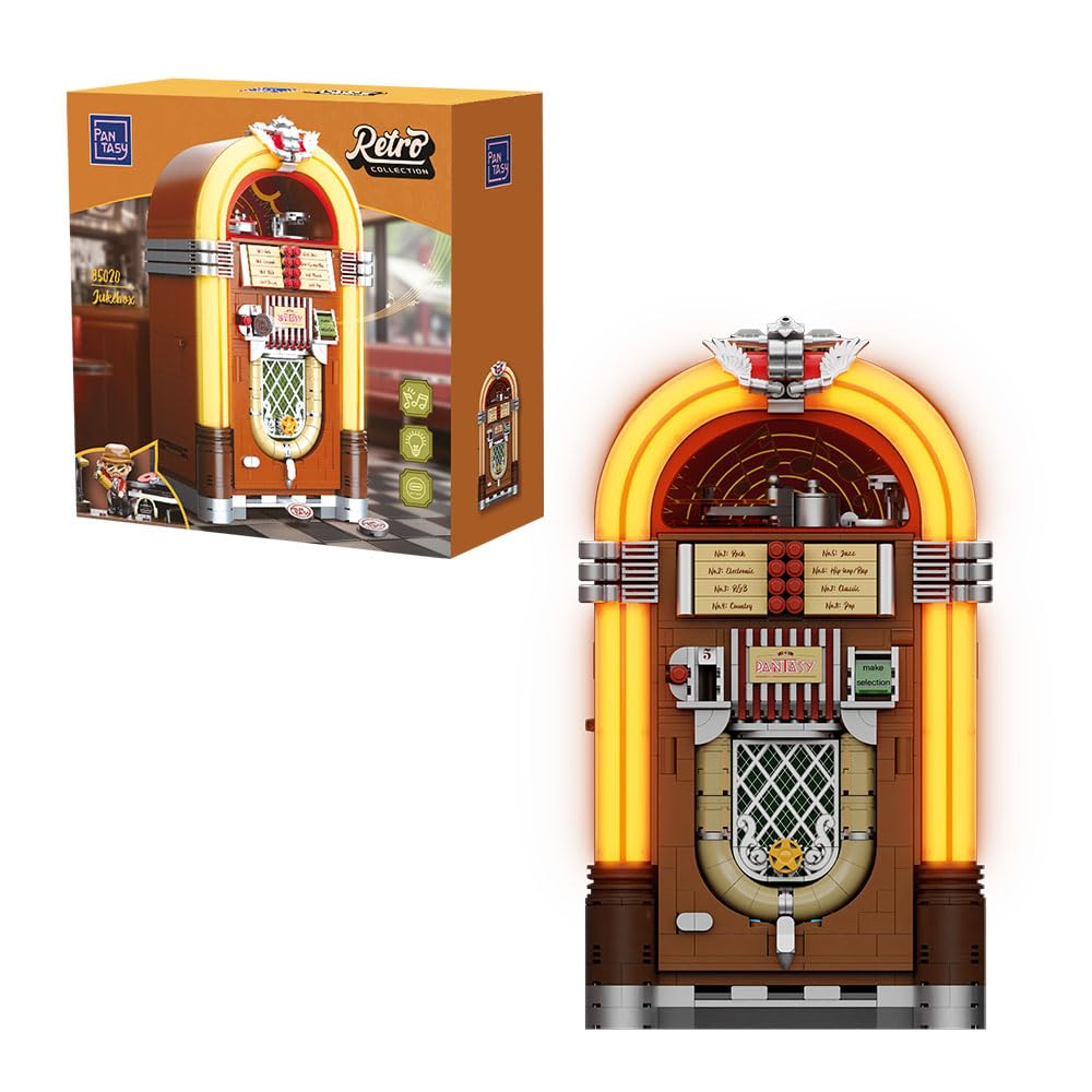 PANTASY Retro Jukebox Building Kit with Coin & Sound Function  Mechanical Music Box Model with Acrylic Records  Recording Studio & Minifigure  Collectible Construction Toy Gift for mature-themeds and Teens