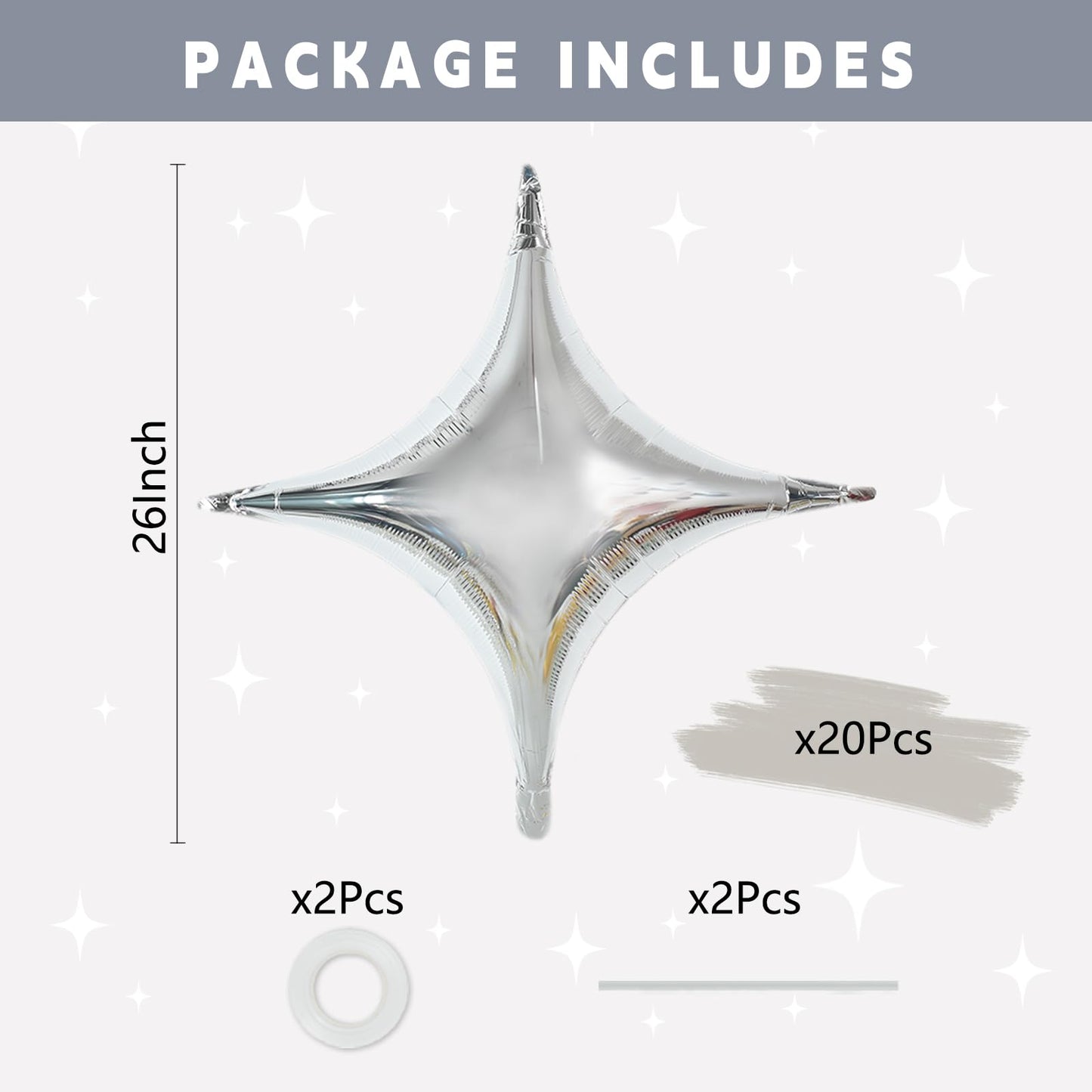 TONIFUL 20Pcs 26Inch Star Balloons Large Silver Four Pointed Star Shape Foil Balloons Big Silver Star Mylar Balloons for Birthda