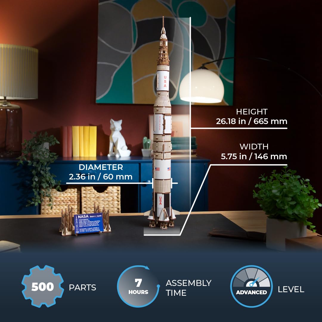 Ugears Nasa Saturn V Model Rocket Kit - Space Ship Model Kits For Adults - 3D Wooden Space Shuttle Building Puzzles - Rocketship Spacecraft 3D Wood Puzzle