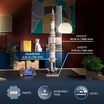 Ugears Nasa Saturn V Model Rocket Kit - Space Ship Model Kits For Adults - 3D Wooden Space Shuttle Building Puzzles - Rocketship Spacecraft 3D Wood Puzzle