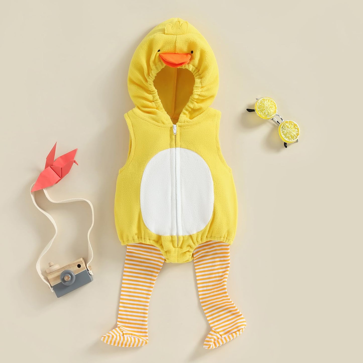 Sunloudy Toddler Baby Halloween Hooded Costumes Duck Avocado Zipper Sleeveless Romper Stockings 2Pcs Cosplay Outfits(Yellow,12-1