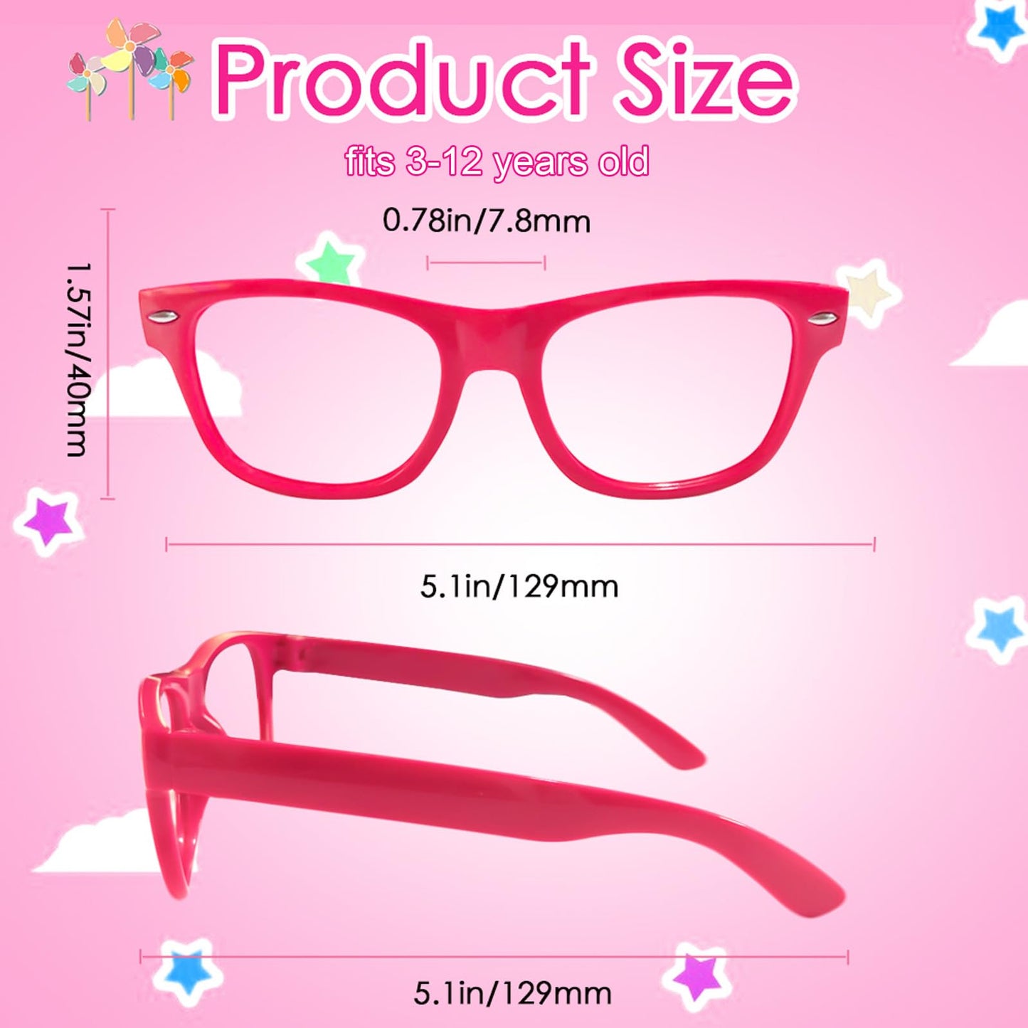 Sunovelties 12 Pack Kids No Lens Ultralight Square Costume Frame Glasses Neon Color Party Favors For Boys Girls Daily Outfit Acc