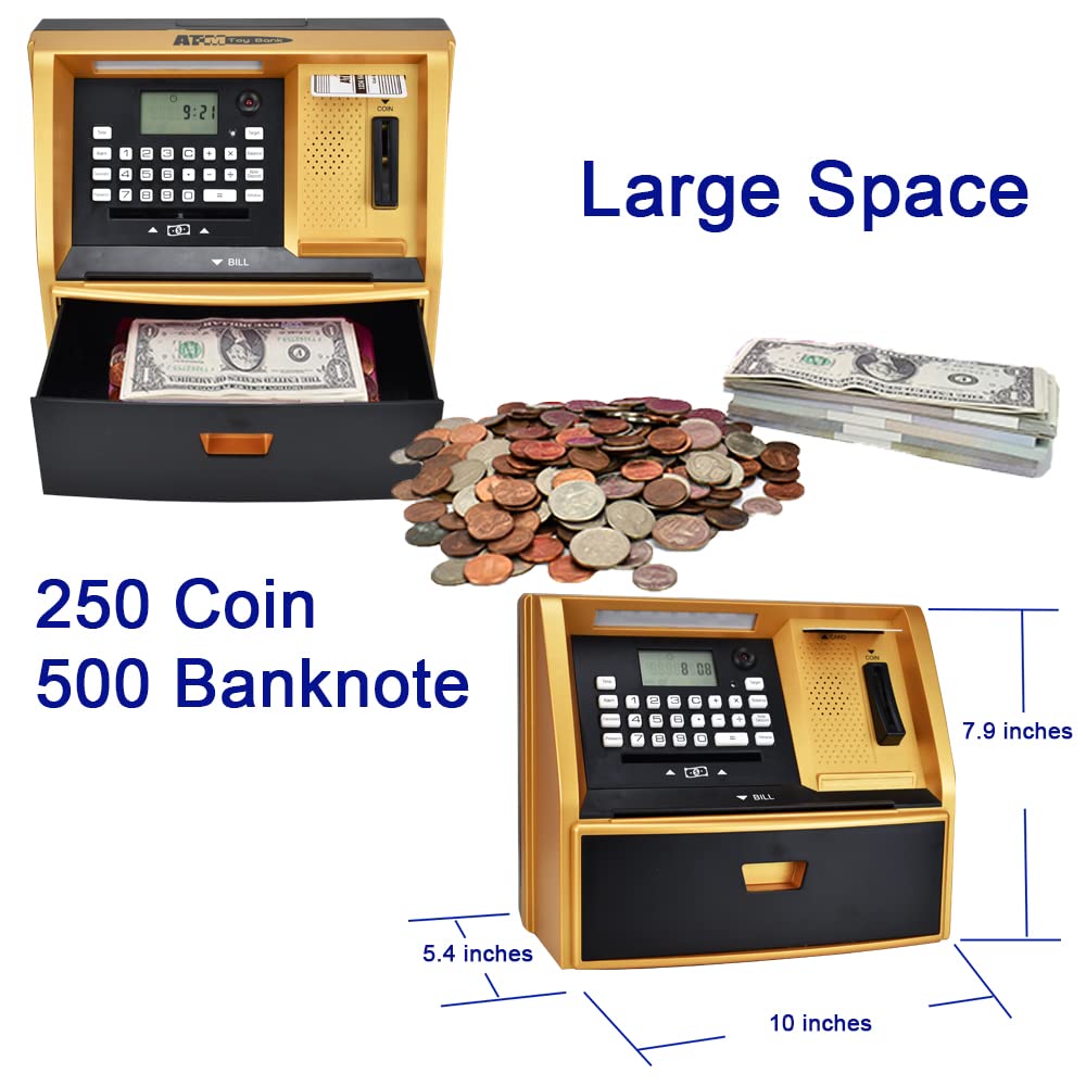 Atmbnk Interactive Atm Piggy Bank For Kids, Safe Money Saving Toy With Password Protection, Coin Recognition, Bill Insertion, For Boys And Girls Aged 5-12 (Golden)
