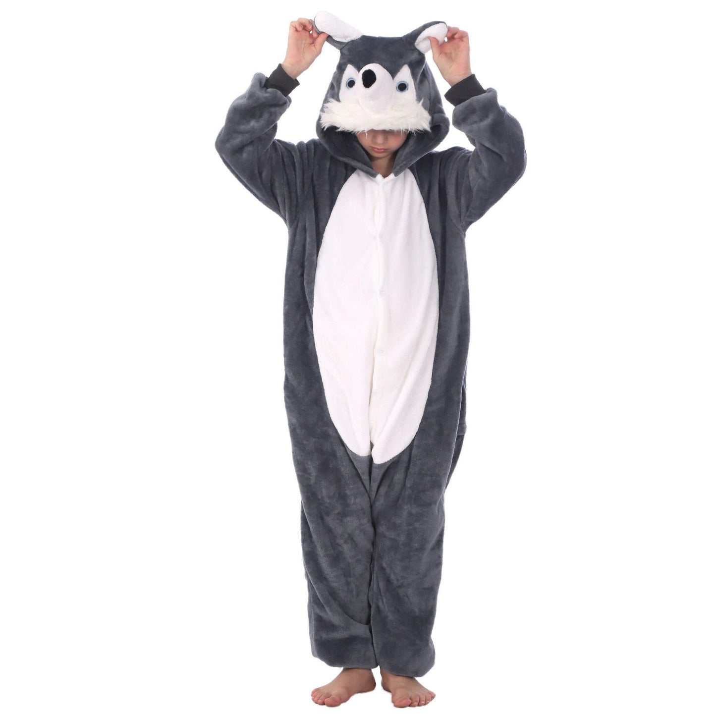 Lobujou Animal Hooded Costume For Kids Boys Girls Flannel Onesie Halloween Cosplay One Piece Husky 130