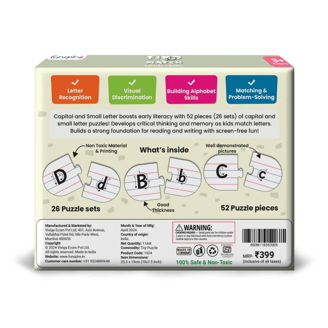 Funspire Find & Match Capital and Small Letter Puzzle, 52 Cardboard Pieces, 26 Sets, Ages 3+