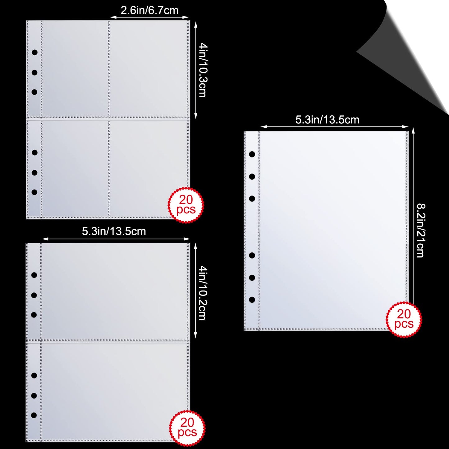 60 Pcs Binder Pockets Clear 4/2/1 Pockets A5 Binder Card Sleeves Pouch Photo Album Page Document Folder Trading Card For 6 Ring