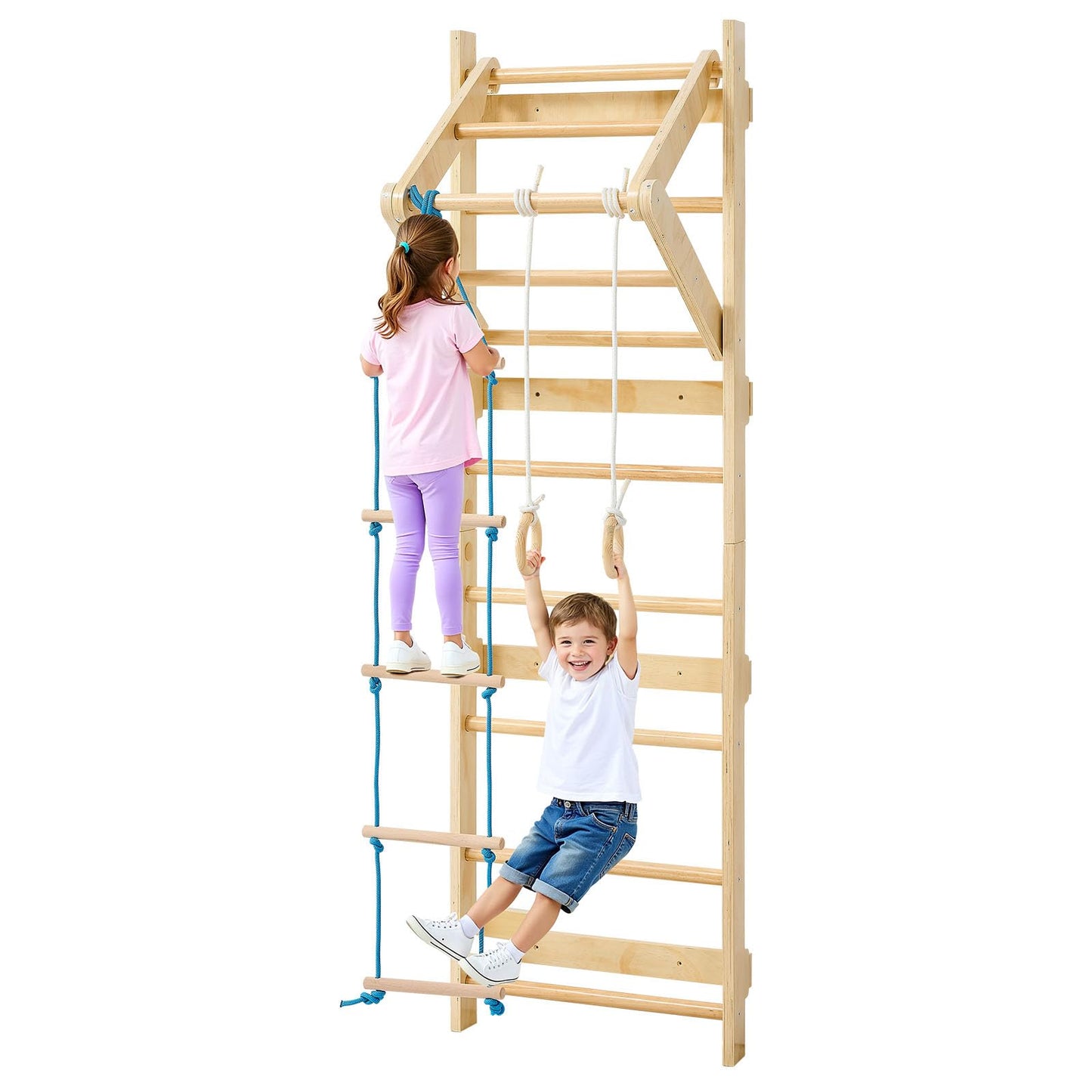 VEVOR Swedish Ladder Wall Gym, 4-in-1 8-Level Indoor Jungle Gym, 220LBS Loading Solid Wood Gymnastic Stall Bars, Indoor Playgrou